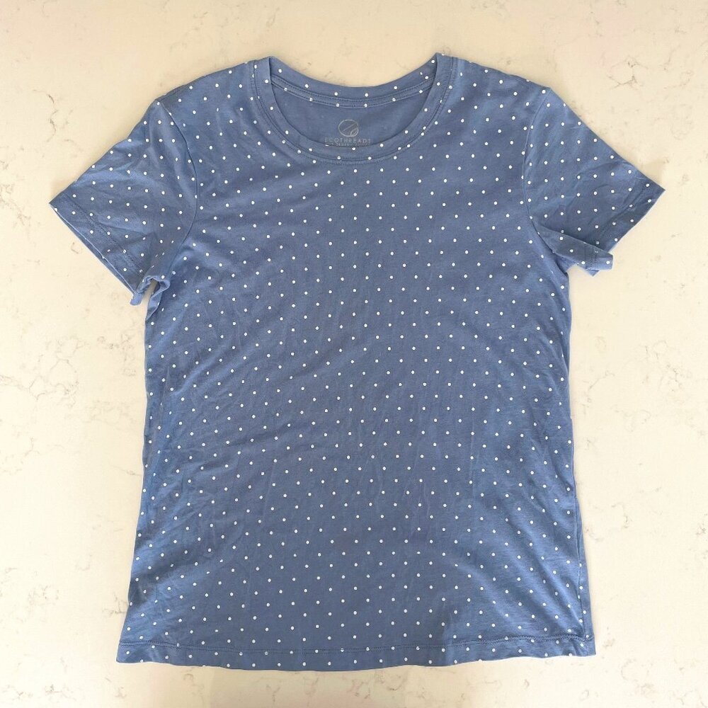 Ecothreads Casual SS Crew Neck 100% Organic Cotton Polka Dot Top Blue White Sz S